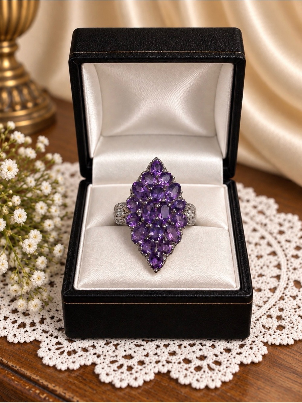 Ring Purple Amethyst Cluster Sterling Silver CZs Intricate Setting